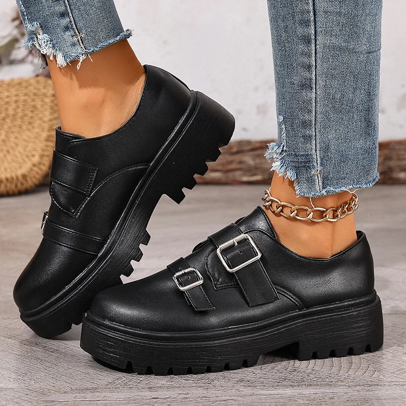 Fashion Double Buckle Platform Loafers Women British Style Thick Bottom Pu Leather Shoes Woman Comfort Round Toe Student Shoes