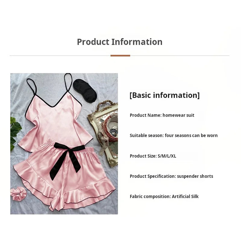 Women's Smooth Satin Pajamas V-Neck T-Shirt Ruffled Edges And Bow Shorts Simple And Breathable Pajama Set Sling Home Clothing