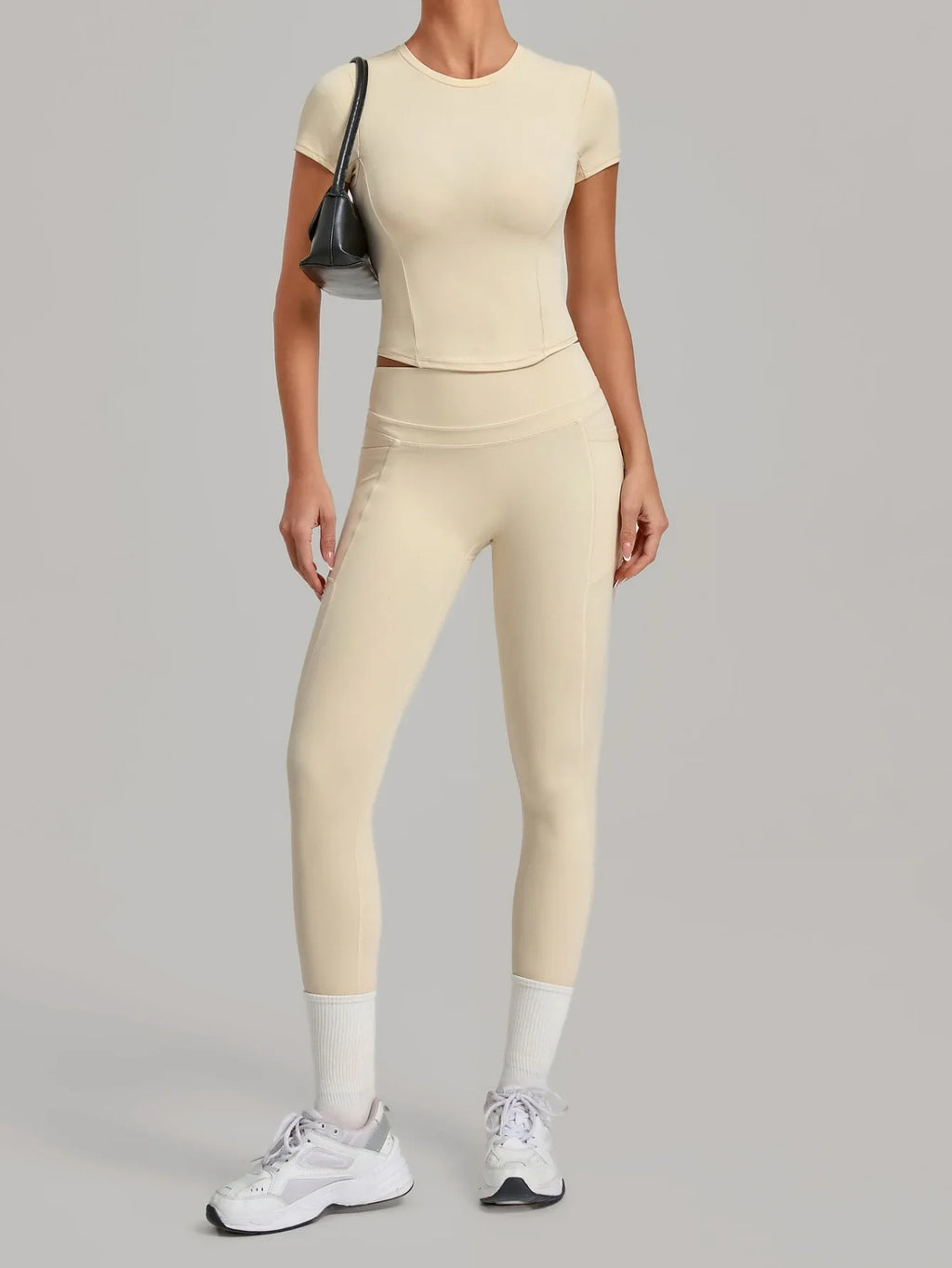 Women Tracksuit Yoga Sets Short Sleeve Slim Sports T Shirts Workout Clothes Outdoor Tight High Waist Pocket Pants Fitness Suits