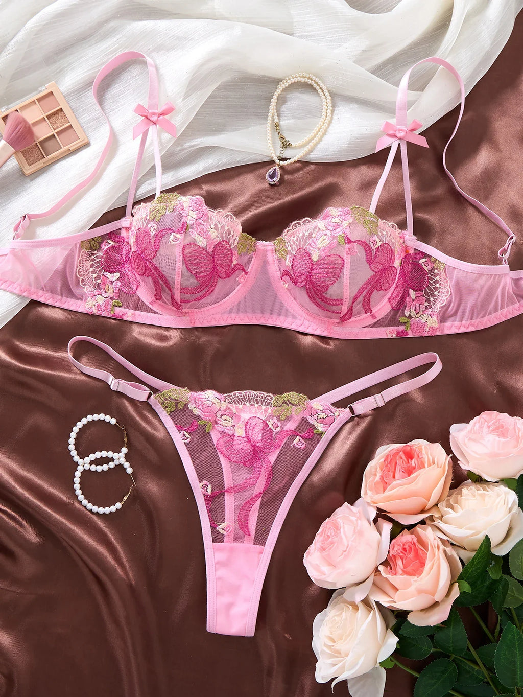Coquette Aesthetic Pink Lingerie Set Floral Embroidery Lace Bra Set with Bow Details Sexy Sheer Mesh Teddy ZA825296
