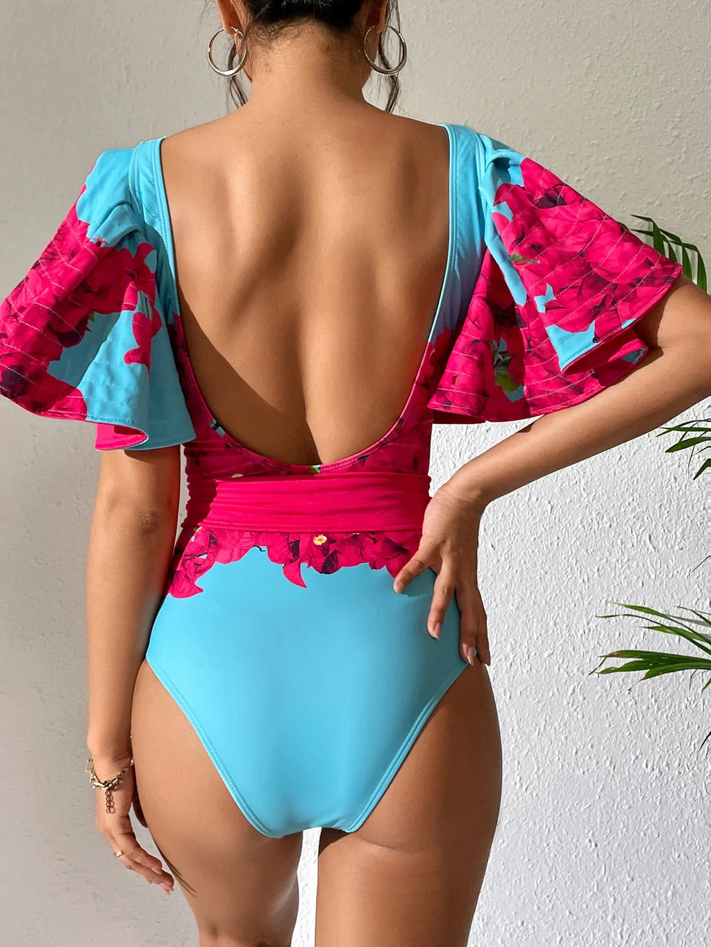 Sexy Ruffle Shoulder Swimsuit V-Neck Swimwear Women Backless Push Up Bathing Suit  Beach Wear 2024 Female Swimming Suit