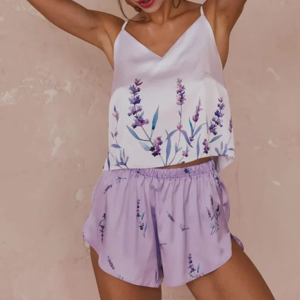 Women's Summer Sexy Pajama Shorts Set 3 Pieces Lace Satin With Silk Sleepwear Robe Fashion And Comfortable Print Nightwear