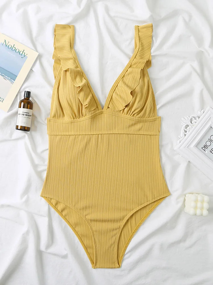 2026 Ruffle Swimsuit One Piece Solid V-neck Backless Swimwear Women Bathing Swimming Swim Suit Female Padded Beach Wear Summer