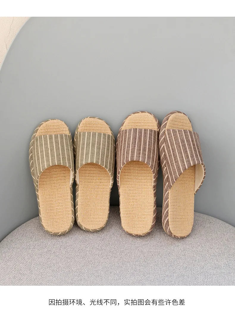 Breathable Linen Slippers For Women Men Summer House Shoes Striped Design Soft Sole Anti-Slip Couples Home Floor Cotton Slides