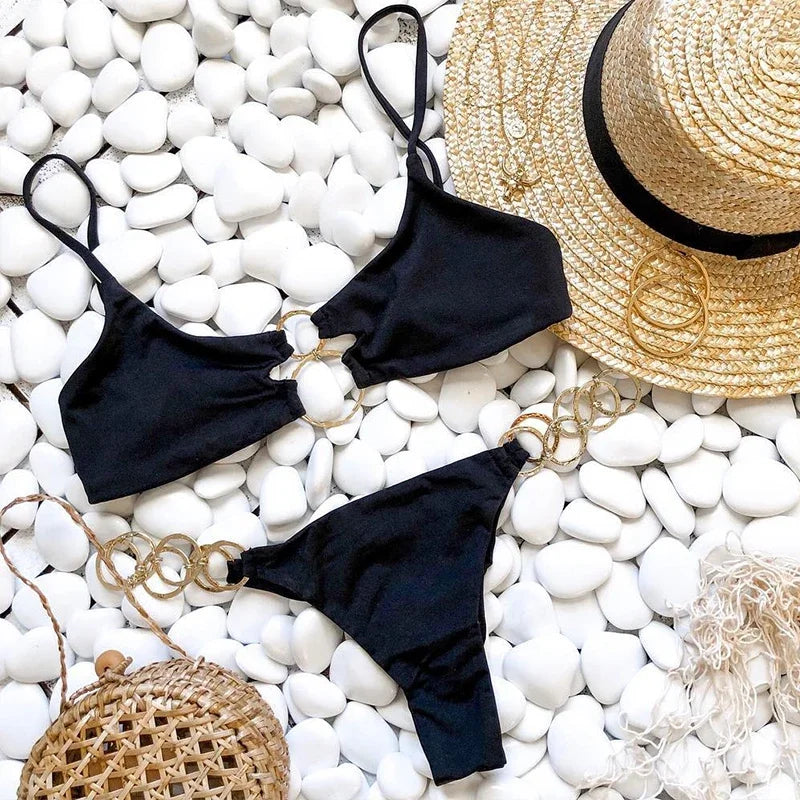 Metal Rings Bikinis Hollow Out Bikini Women Swimsuit Female Brazilian Swimwear Two Pieces Bikini Set High Cut Bathing Suit Swim