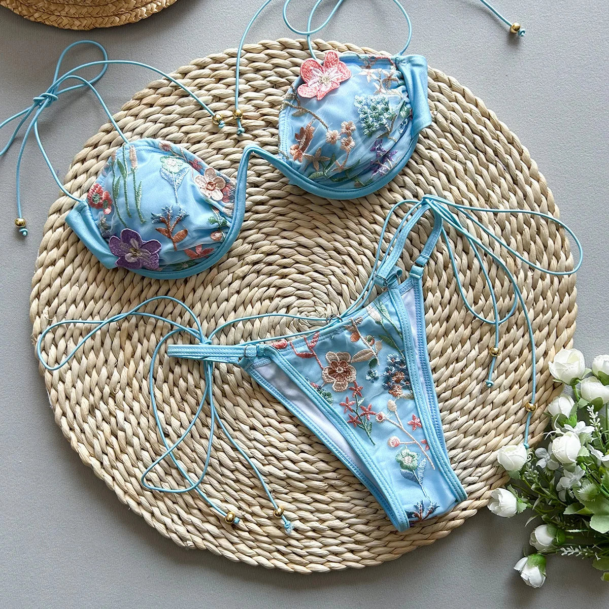 Flowers Printed Halter Underwired V-Bar Bikini Women Swimwear Female Swimsuit Two-pieces Bikini Set High Cut Bathing Suit Swim