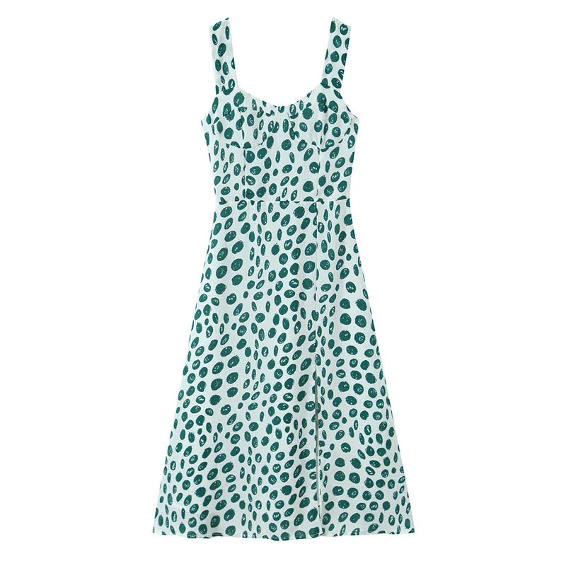 French Style Low-cut Polka Dot Print Camisole Dress For Women Sexy Side Slit Waist-cinching Mid-length Beach Dress Charming WYLB