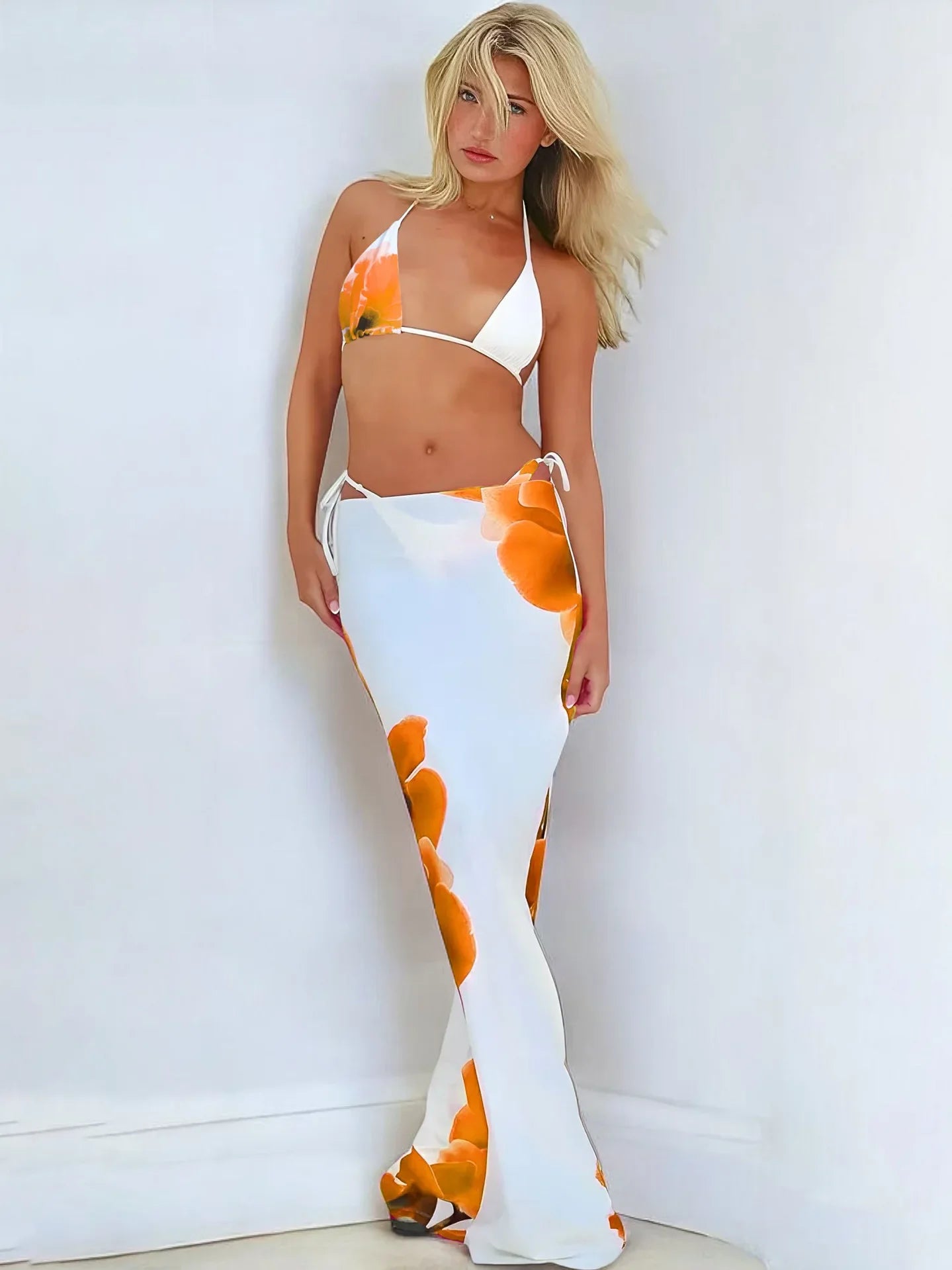 Vintage White Floral Print Bikini 2025 Swimwear Women Sexy Push Up Mesh Skirt 3 Piece Swimsuit Holiday Bathing Swimming Suits