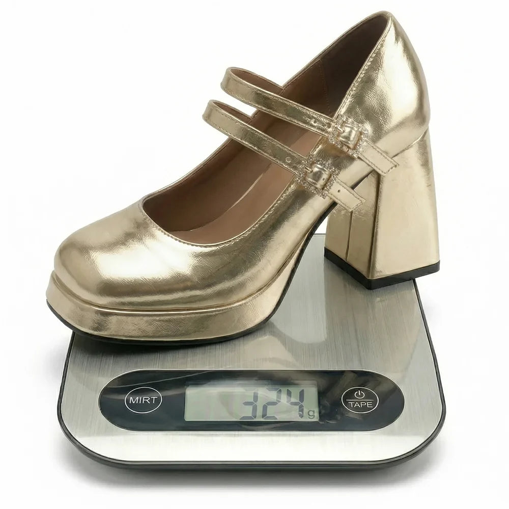 Big Size 32-46 Y2K Metallic Mary Jane High Heels Women Shoes Round Toe Double Straps Rhinestone Buckle Platform Block Heel Pumps