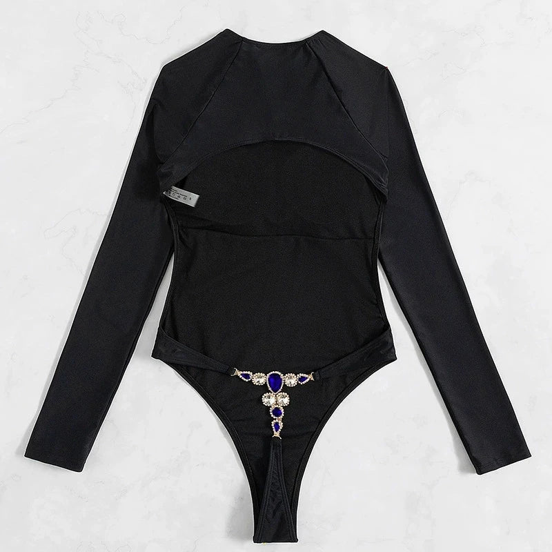 DEKA Sexy Long Sleeves One Piece Swimwear Diamond Swimsuit Women Triangle Backless Crystal Decor Thong  Bikinis Set Bathing Suit
