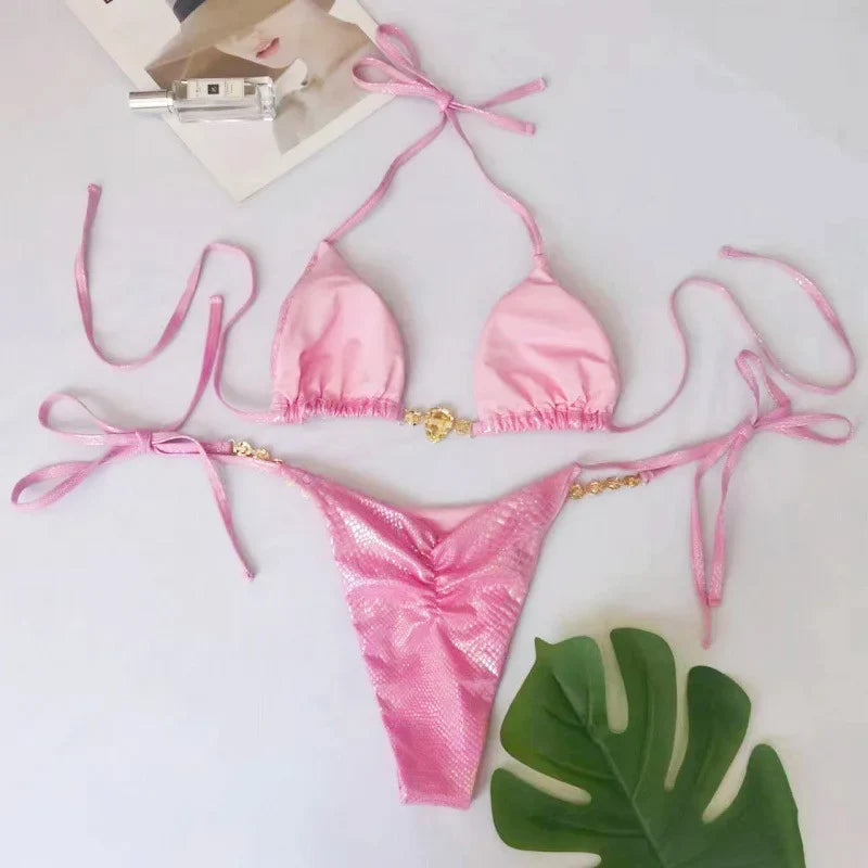 Snake Skin Rhinestone Diamond Bikini Female Swimsuit Women Swimwear Two-pieces Bikini Set High Cut Halter Bathing Suit Swim Lady