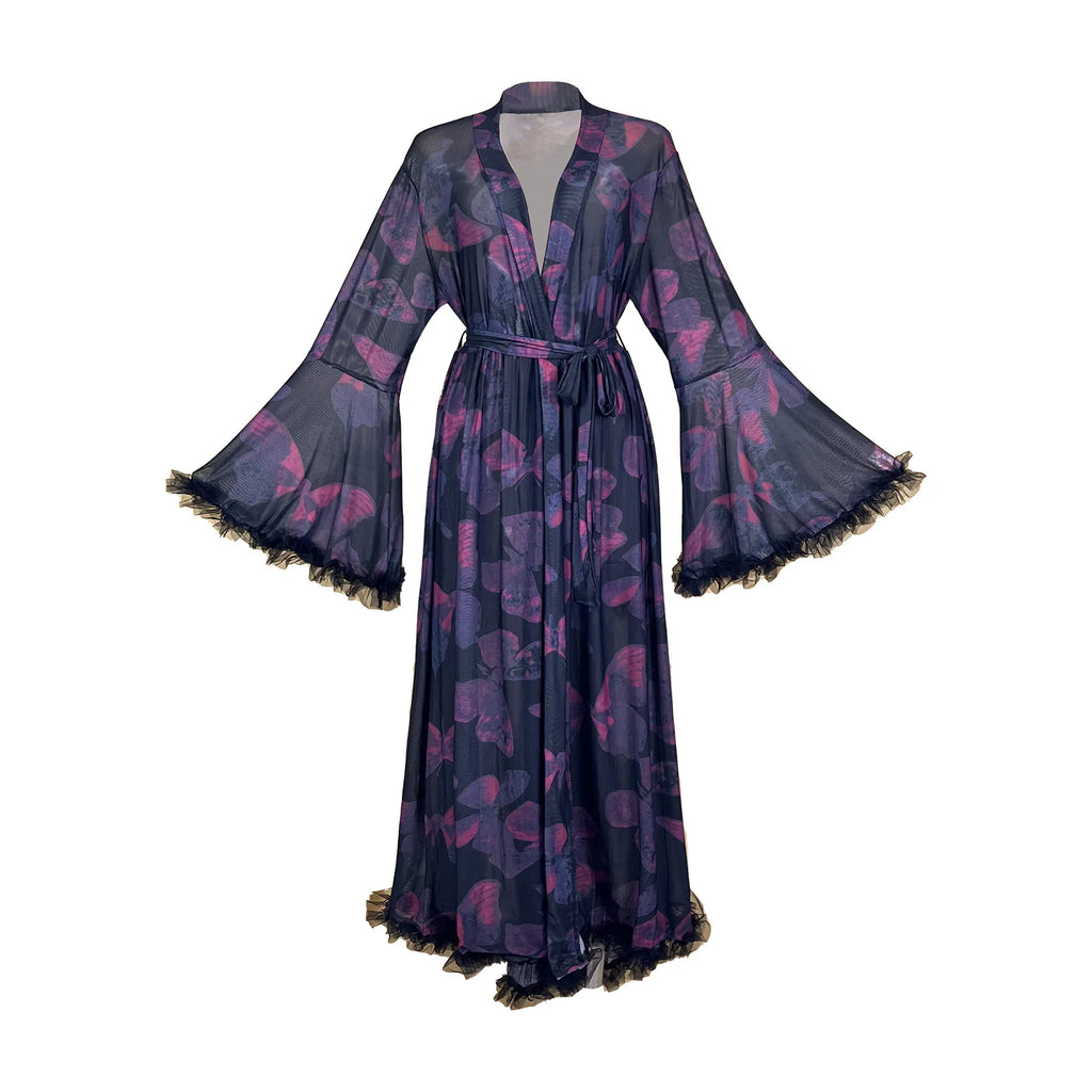 2026 New Women Elegant Butterfly Print Mesh Robe Big Flare Sleeve Lace Up Tassel Fringe High Slit Bathrobe Loungewear