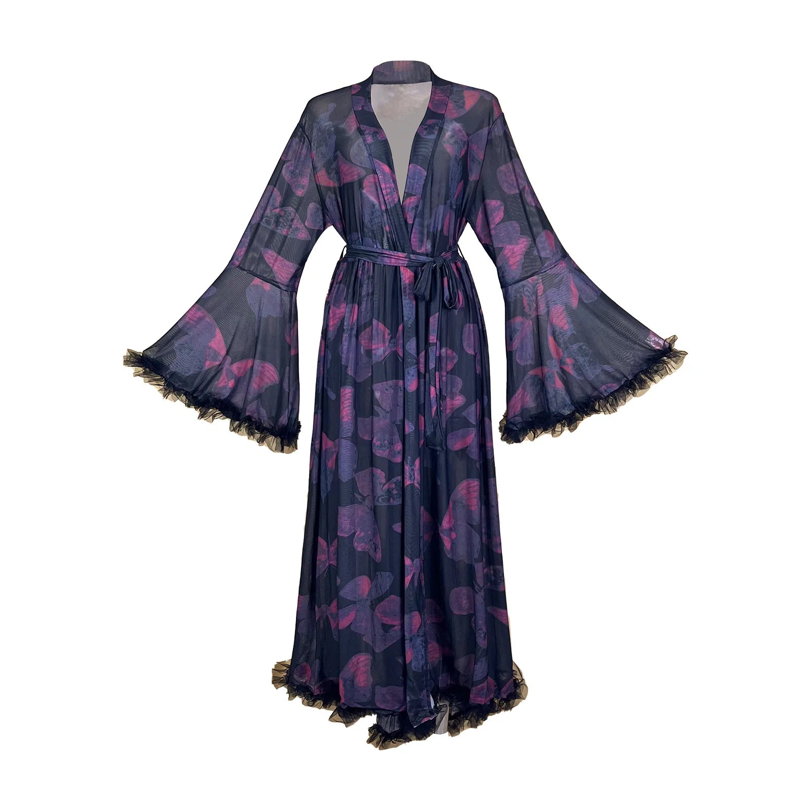 2026 New Women Elegant Butterfly Print Mesh Robe Big Flare Sleeve Lace Up Tassel Fringe High Slit Bathrobe Loungewear