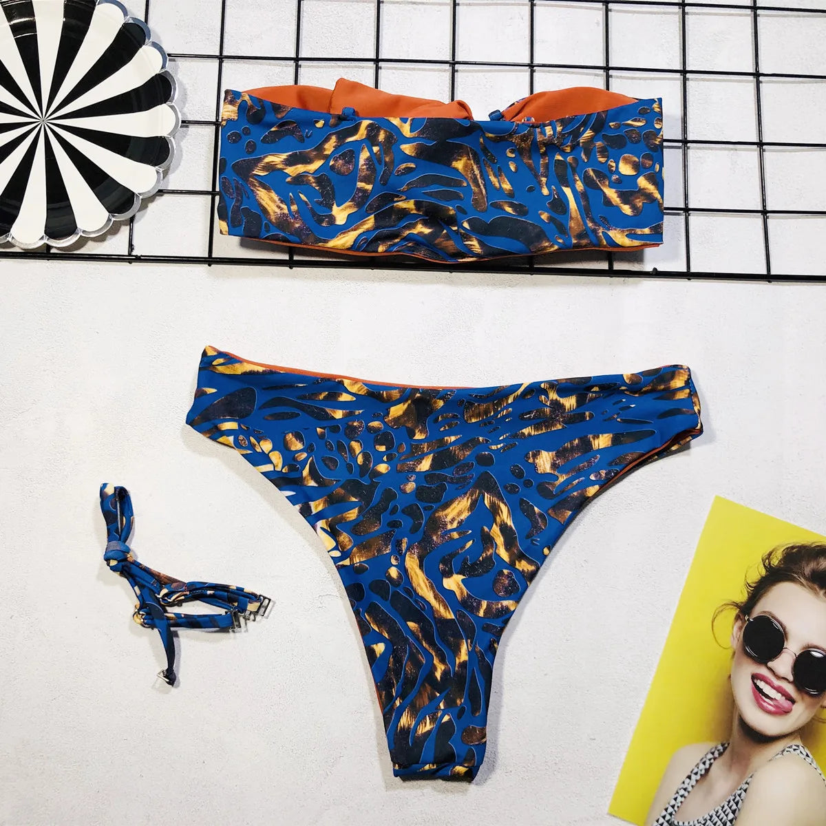2026 Sexy Bikini Bandeau Women Blue Print Bowknot Swimwear Swimsuit Bikinis Set Bathing Suit Beach Bikini Female Removable Strap