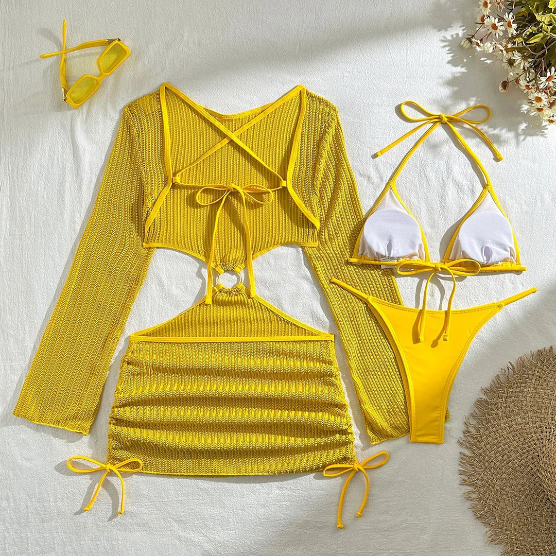 With Long Sleeve Cover Up Halter Bikini Women Swimwear Female Swimsuit Three-pieces Bikini set Bather Bathing Suit Swim V5123