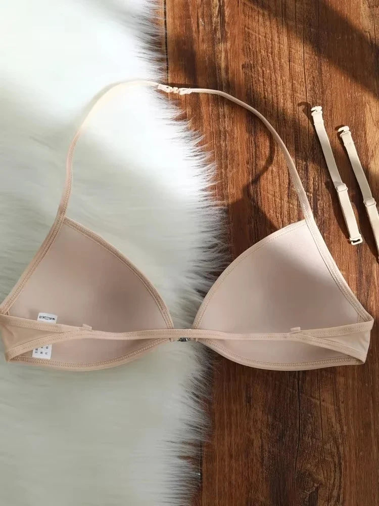 MOYISU French Triangle Cup Underwear Women's Thin Straps Beautiful Back Halter Invisible Front Buckle Bra Thin Seamless Bra