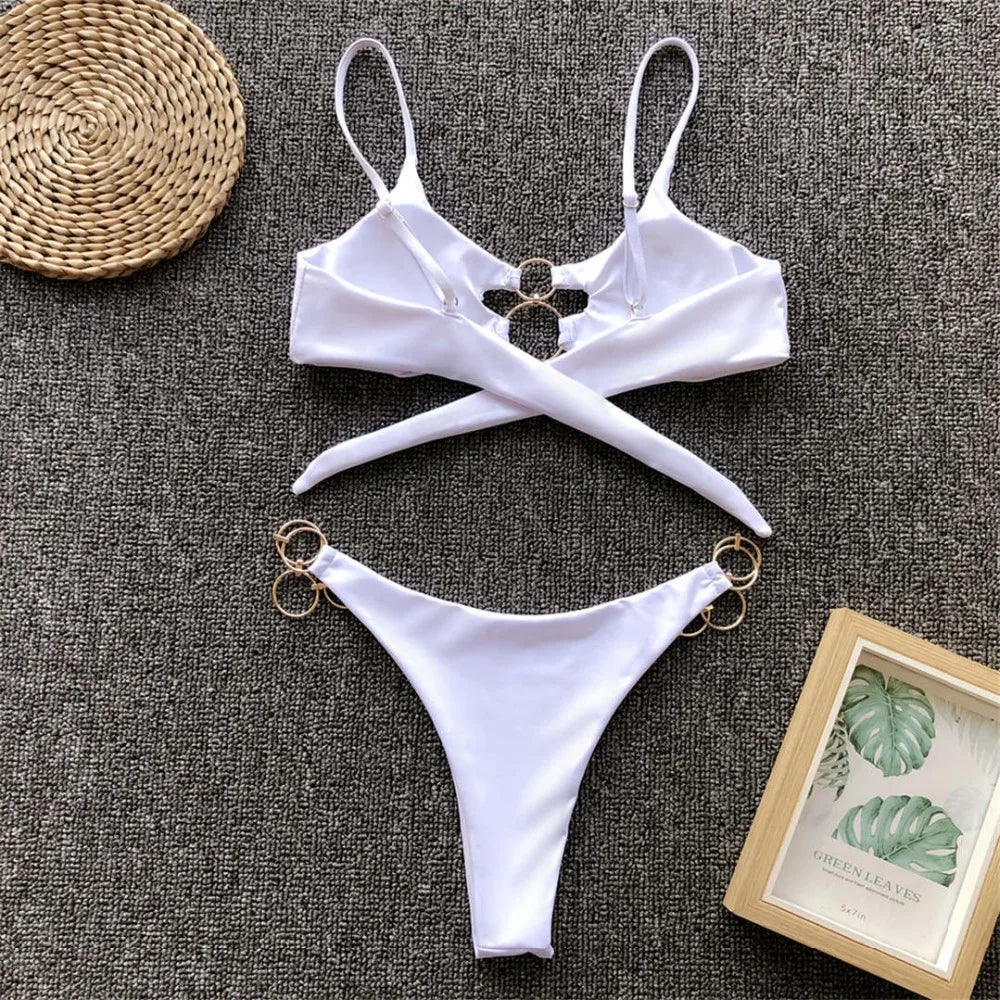 Sexy Metal Rings Leopard Brazilian Bikini Female Swimsuit Women Swimwear Two-piece Bikini set Bather Bathing Suit Swim V1441L