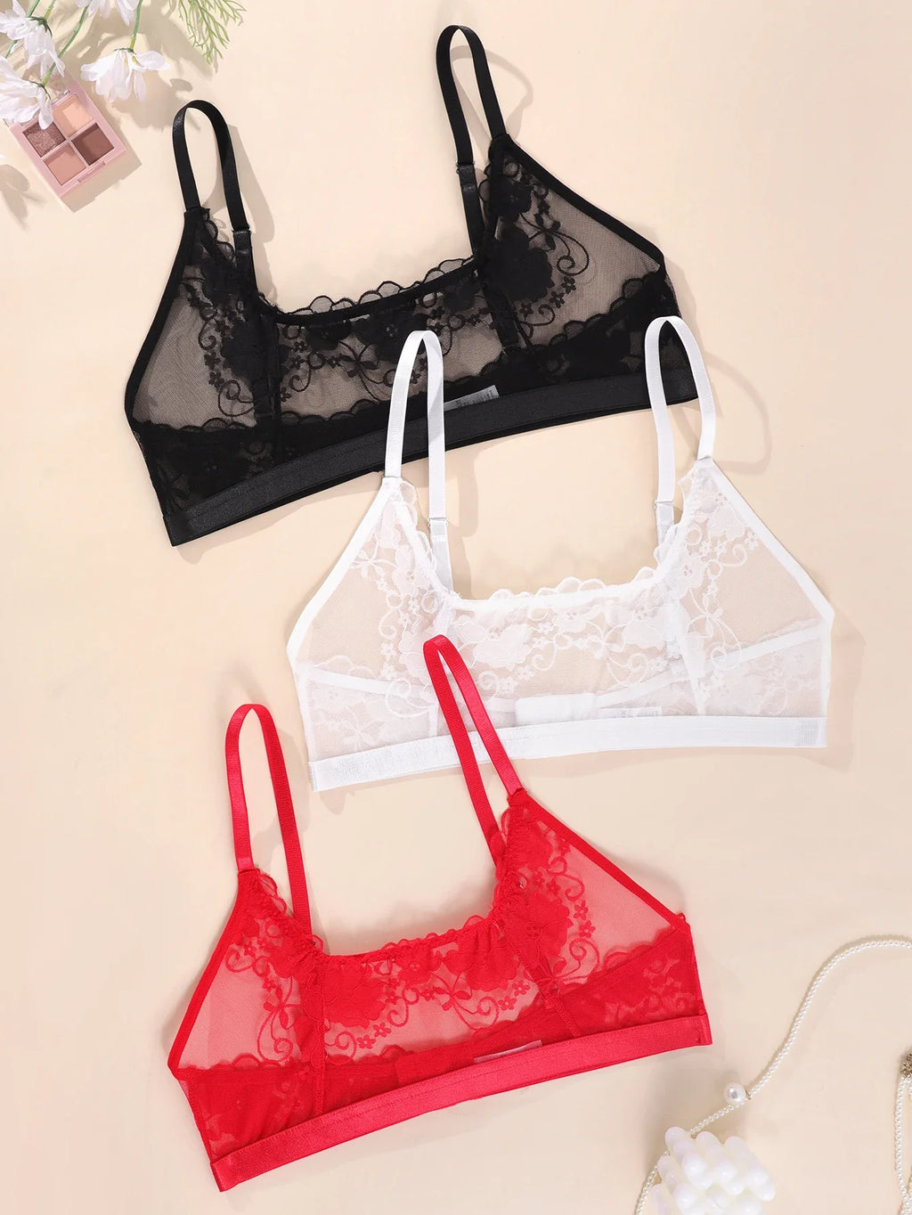 See Tbrough Lace Embroidery Women Lingerie Adjustable Strap Unlined Brassiere Women's Bras Floral Wire-Free No Pad Bra Underwear