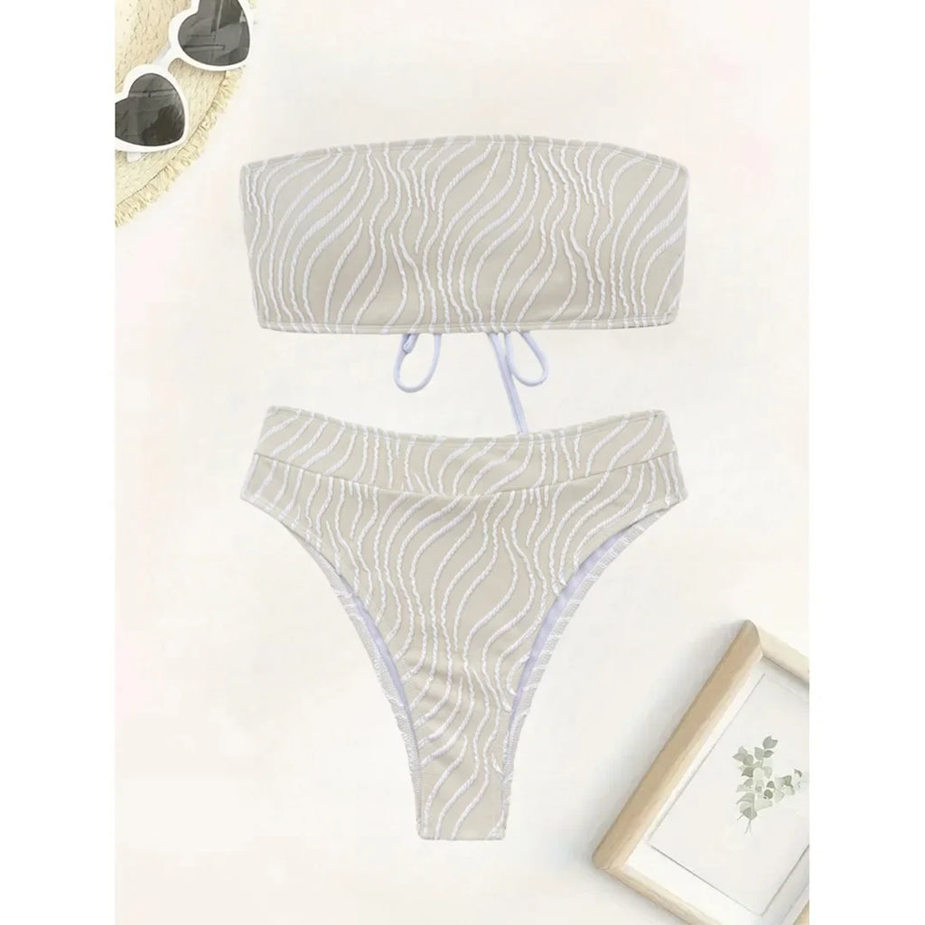Sexy Wave Striped Bandeau High Waist Bikini Female Swimsuit Women Swimwear Two-Pieces Bikini Set Bather Bathing Suit Swim V5445