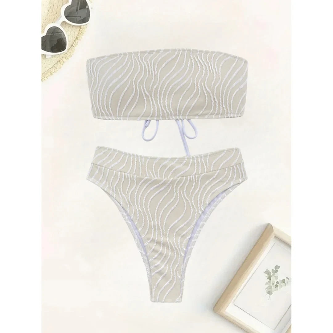 Sexy Wave Striped Bandeau High Waist Bikini Female Swimsuit Women Swimwear Two-Pieces Bikini Set Bather Bathing Suit Swim V5445