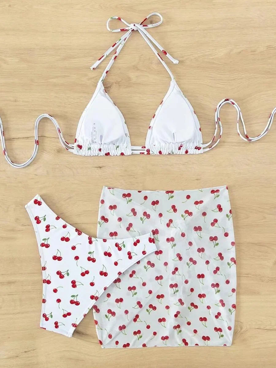 With Mesh Skirt Cherry Printed Bikini Female Swimsuit Women Swimwear Three Pieces Bikini Set Halter Bathing Suit Swim Beachwear