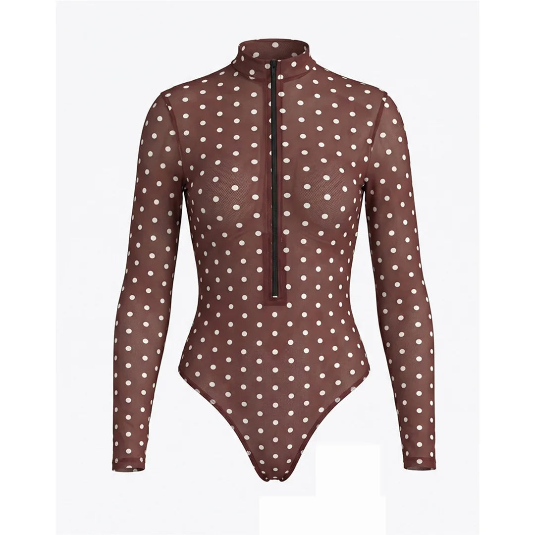 S - XXL Polka Dot Long Sleeve With Zipper Pants One Piece Swimsuit Women Swimwear Female Padded Bather Bathing Suit Swim V8363