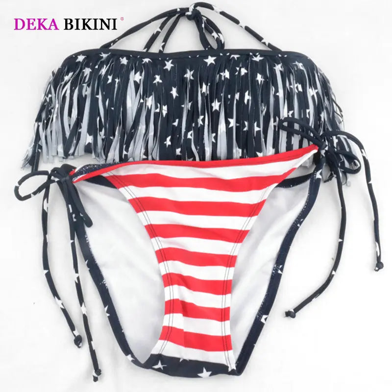 DEKA Sexy Women Tassel Bikini Set Brazilian Striped Swimsuit Push Up Padded Bra Bathing Swimwear Beachwear Summer