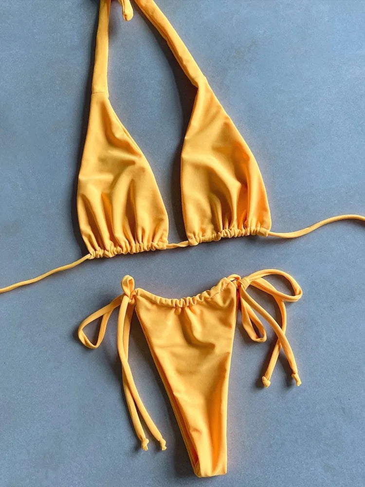 Sexy 12 Color Halter Mini Micro Thong Bikini Female Swimsuit Women Swimwear Two-pieces Bikini set Bather Bathing Suit Swim Lady