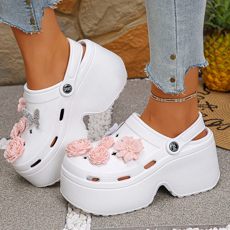 Pink Flowers Chunky Platform Clogs Sandals Woman Fashion Crystals Butterfly Wedges Sandles Woman Summer High Heels Garden Shoes