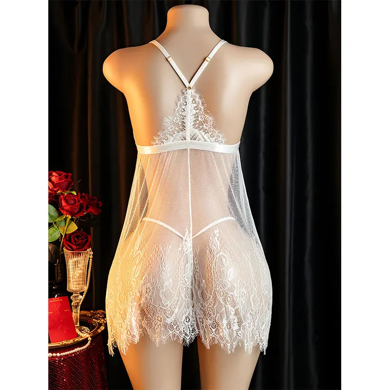 Summer Robe Morning Gown Sleeveless Tulle Sheer Nightgown Hot Women's Pajama Sets With Thongs Embroidered Nightdress Sexy Suit