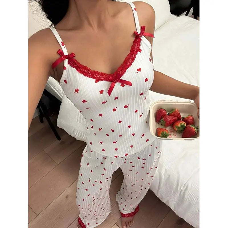 Sling Sexy Lingerie Pants Set Hot Selling Heart Printing Pajamas V Neck Top Trousers 2-piece Women's Summer Home Clothing Sets