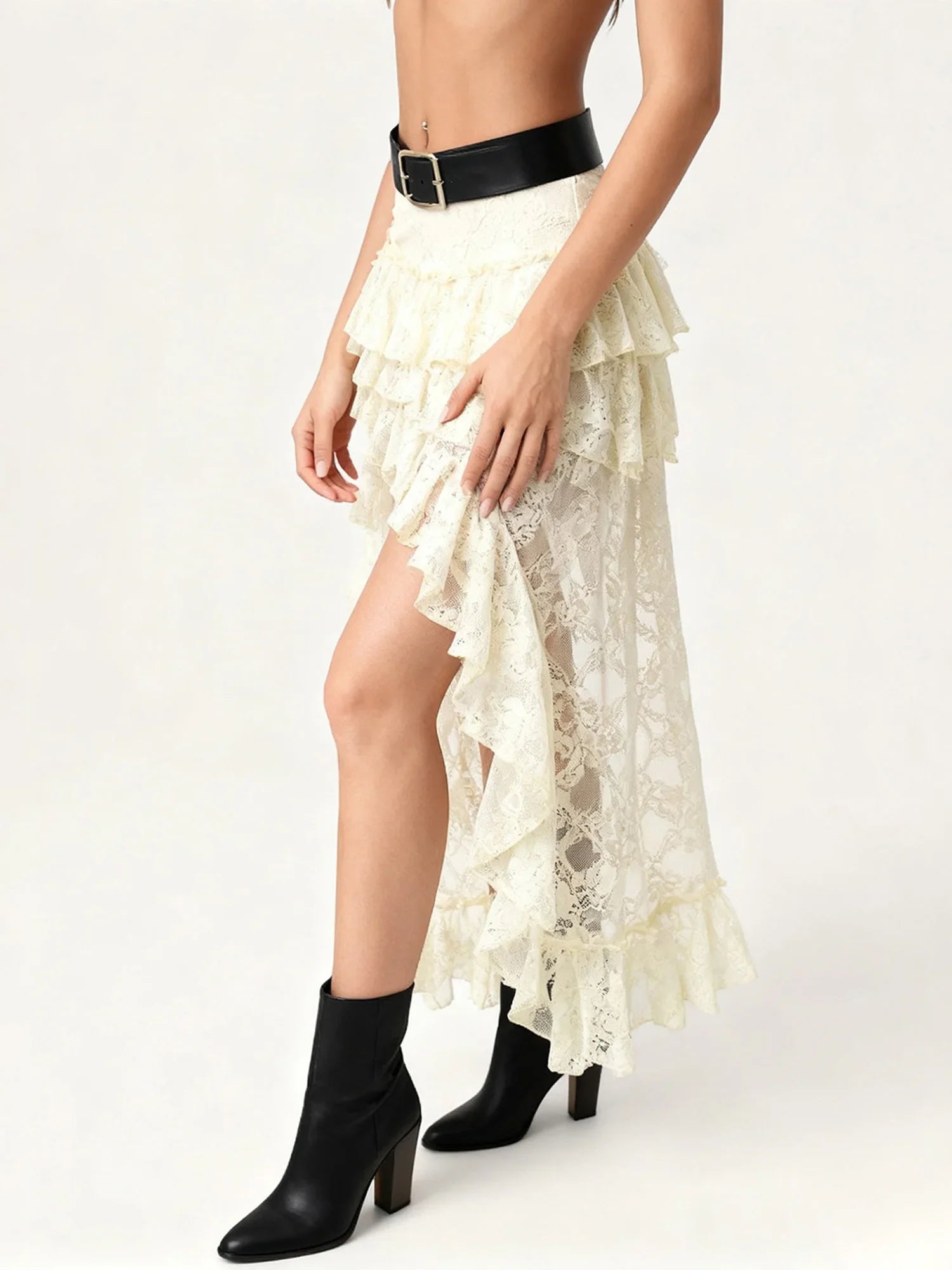 Summer Women Flower Lace Long Skirt Elastic High Waist Layered Ruffle Irregular Skirt Streetwear