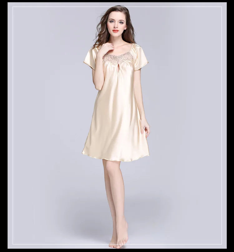 Women's Sleepwear Ice Silk Casual Silk Pajamas Women's Summer Sexy Short Sleeve Lace Pajamas Loungewear