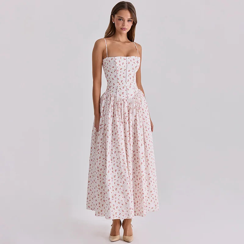 FDYOUI 2026 Summer Spaghetti Strap A-line Floral Vacation Dress for Women Elegant High Waist Tunics Long Party Evening Dresses