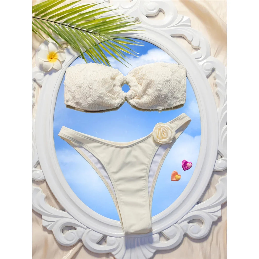 New 3D Flowers Bandeau High Leg Cut Bikini Female Swimsuit Women Swimwear Two-Pieces Bikini Set Bather Bathing Suit Swim V6225