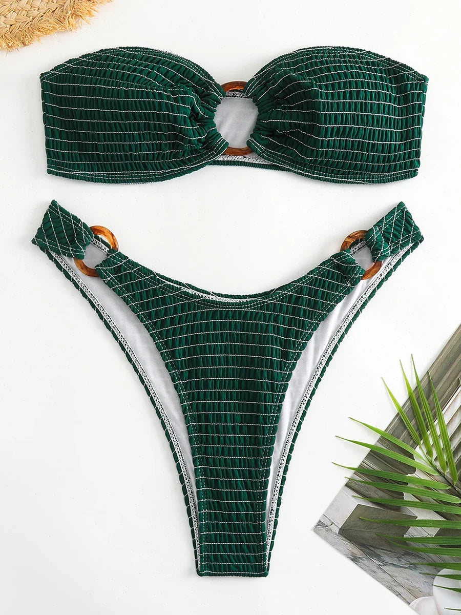 Ring Link Bandeau Bikini 2026 Women Brazilian Swimwear Female Sexy Swimsuit Solid Beachwear Bathers Bathing Swimming Swim Suit