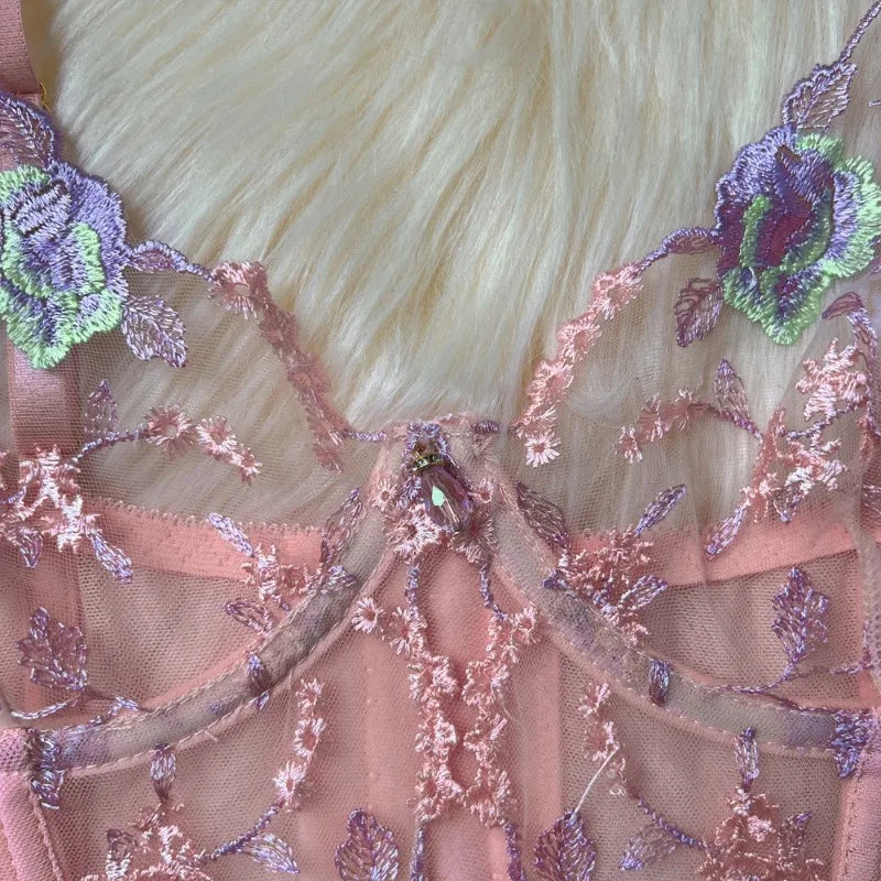 Toucheart Sexy Lingerie Embroidery Printing Bra Garters Set For Women Mesh See- Through Hollow Out Exotic Sexy Underwear Suit