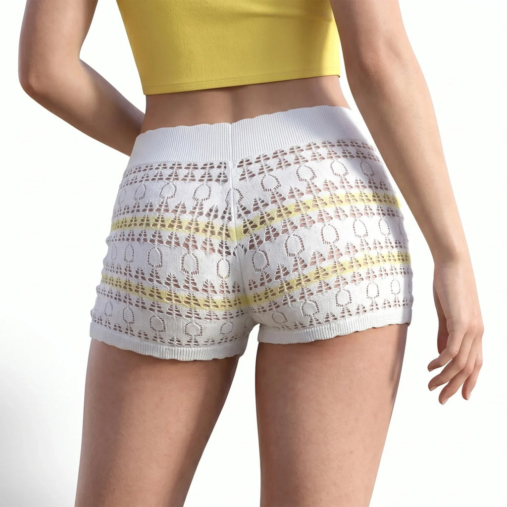 Summer Women's Knit Mini Shorts Elastic Waist Skinny Striped Print Micro Shorts Casual Daily Club Short Pants Beach Cover-ups