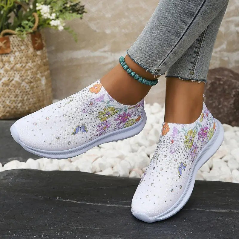 2025 Fashion Crystal Platform Sneakers Women Plus Size Slip On Flowers Printed Flats Woman Breathable Soft Sole Wakling Shoes