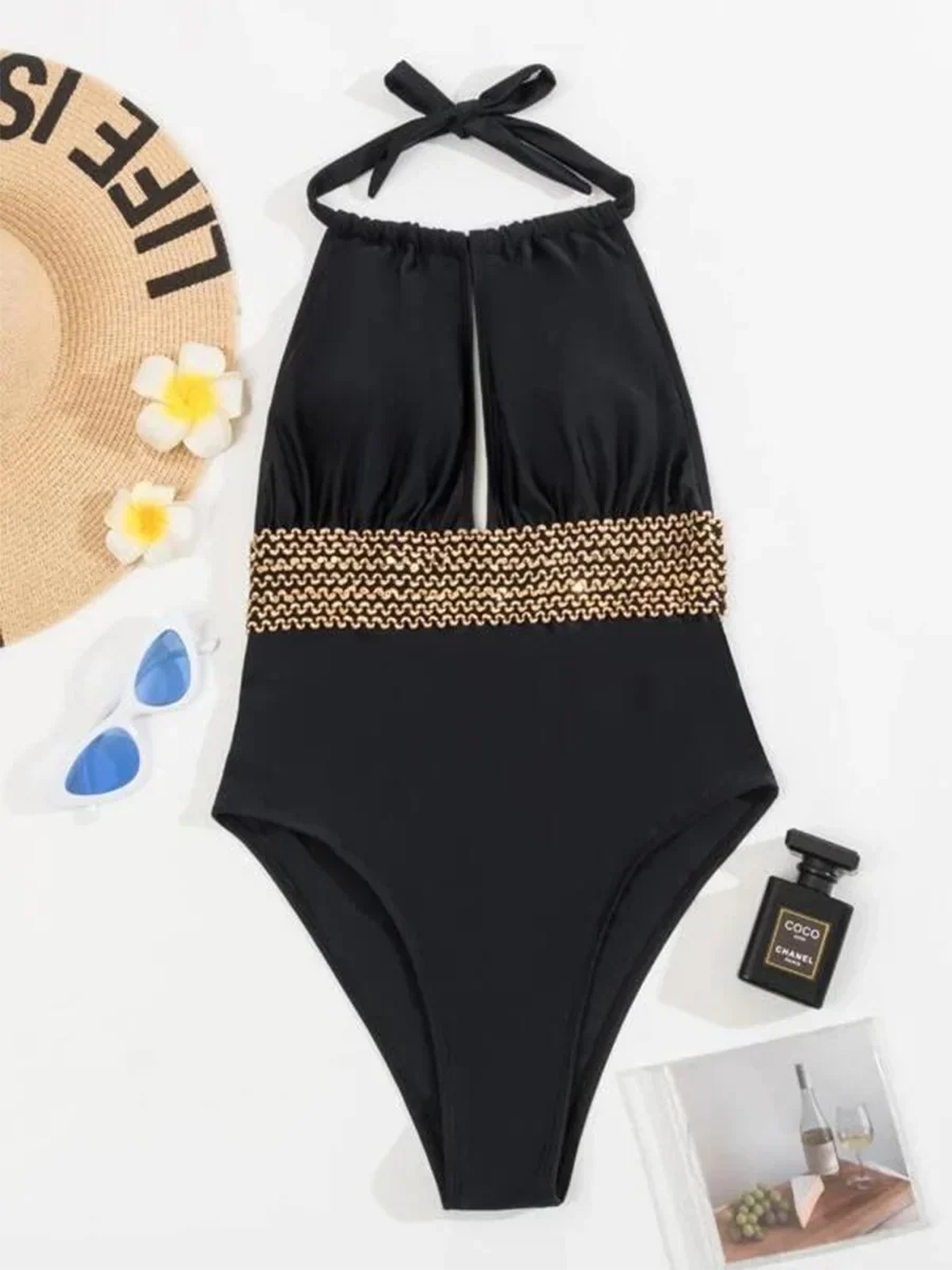 2026 Halter Swimsuit Metal Chain Solid Swimwear Women Bathing Suit Female Padded Monokini Swimming Summer Beachwear Bodysuit