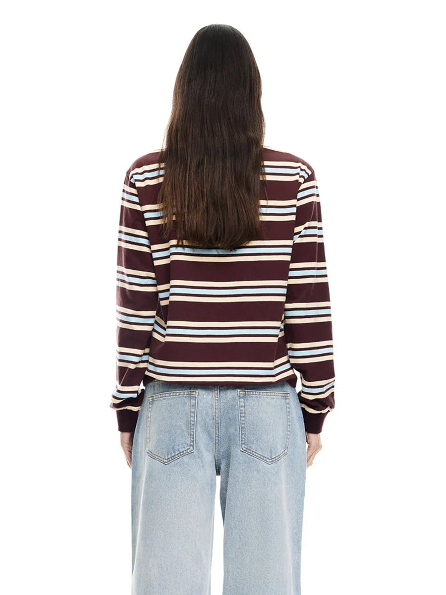 Women's Fall Striped Print T-Shirt Contrast Color Long Sleeve Lapel Neck Button-up Casual Pullover Tops