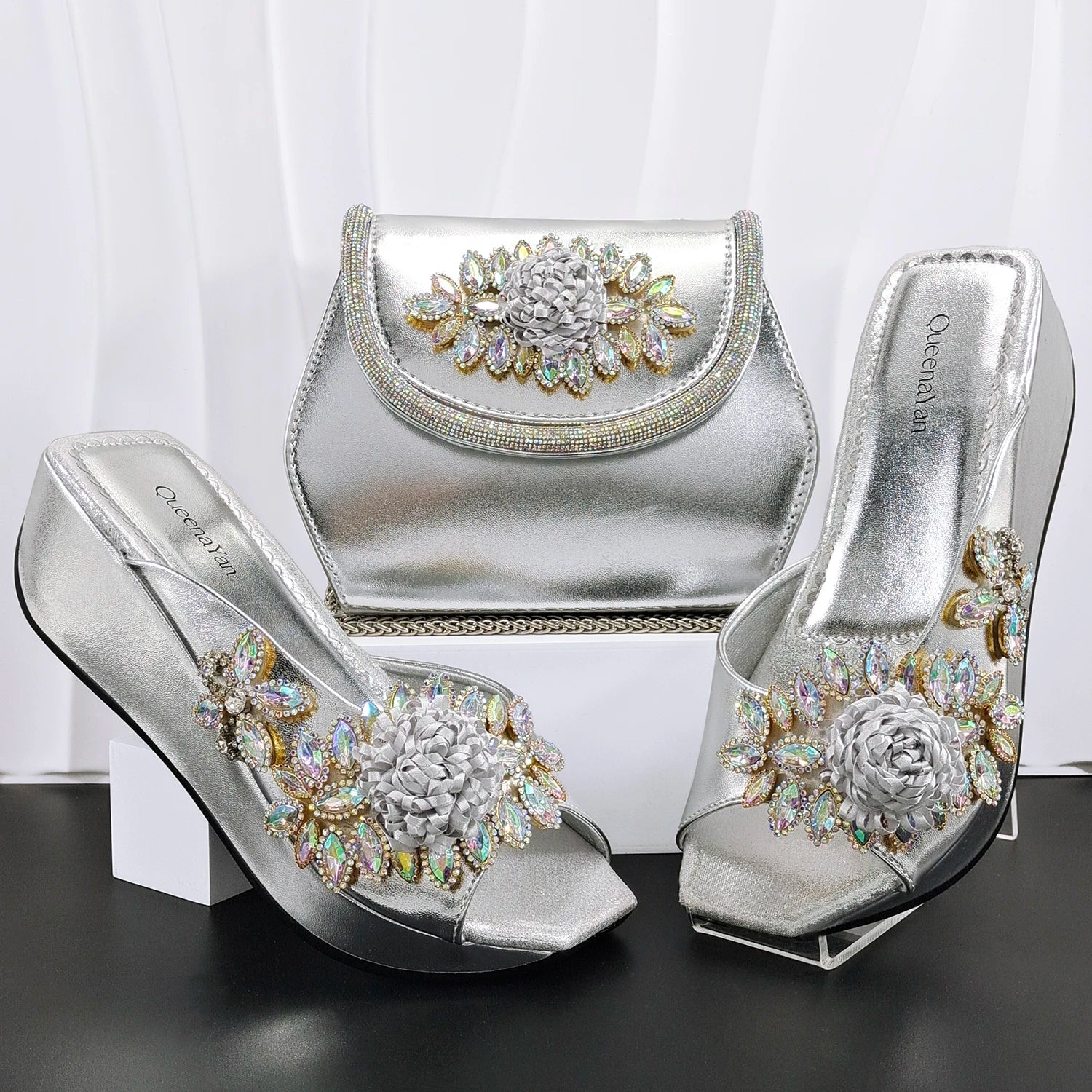doershow High Quality African Style Ladies Shoes And Bags Set Latest silver Italian Shoes And Bag Set For Party HO1-1