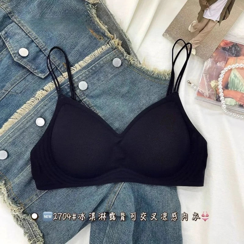 Deep Plunge Lingerie Cross Back Straps Summer Invisible Bralette Thin Cup, Adjustable U Back Support Balconette Bra Cool Comfort