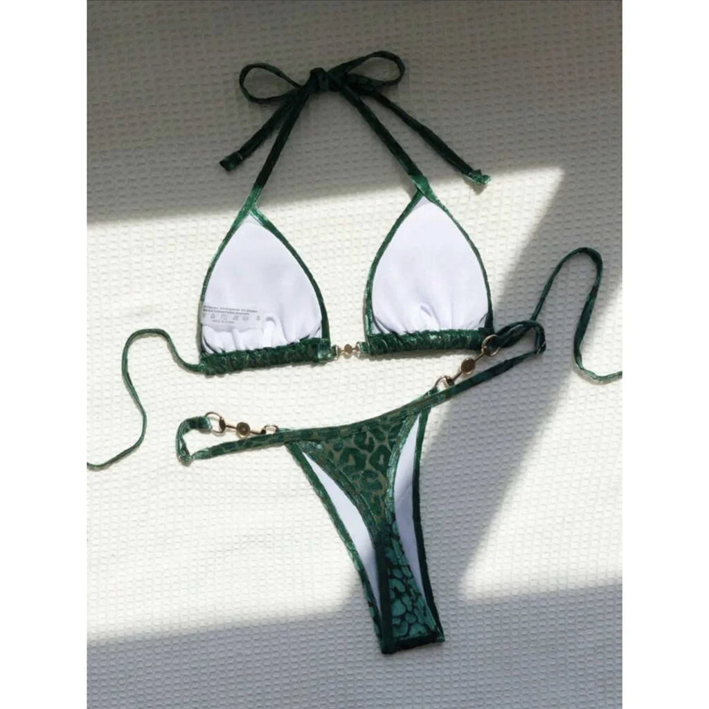 S - XL Leopard Pearl Mini Micro Thong Bikini Female Swimsuit Women Swimwear Two-Piece Bikini Set Bather Bathing Suit Swim V5207B
