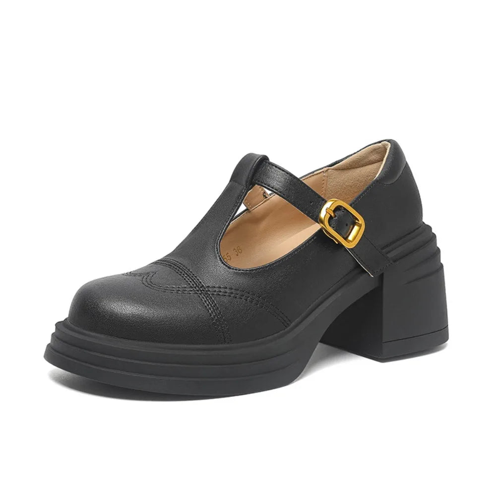 Ladies Retro Style High Heel Single Shoes for Women Platform Thick Heel Buckle Design Casual Loafers T-strap Leather shoes New