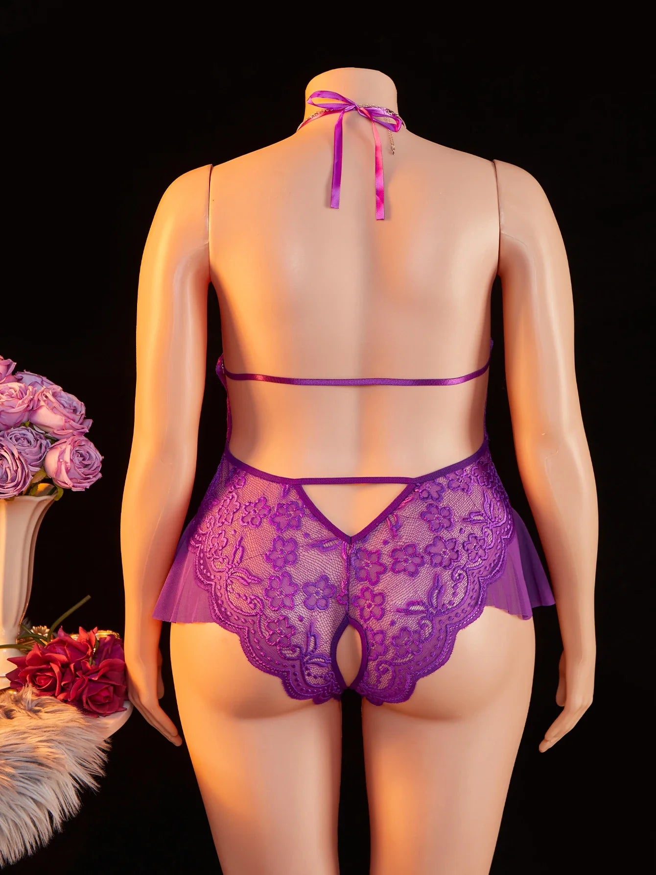 Adult Sexy Lace Teddy Bodysuit For Women Deep V Neck Open Back Halter Design Romantic Hot Women's Lingerie Babydoll Sleepwear
