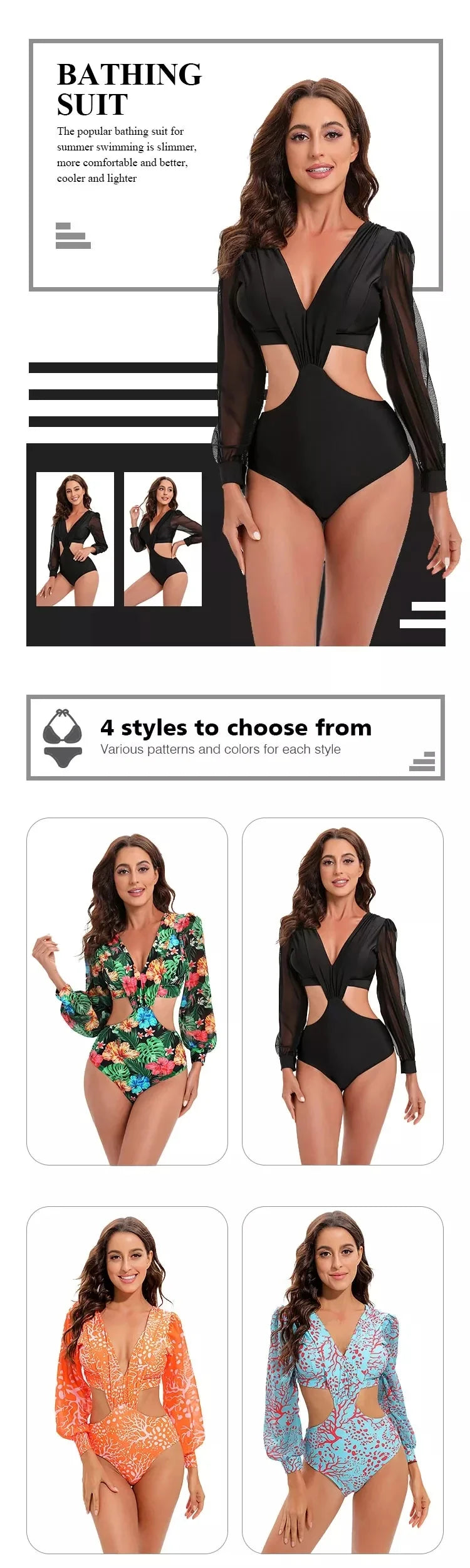 TW Sexy High Waist One Piece Swimsuit Women V Neck 2024 Long Sleeve Bathing Suit Brazilian Swimwear Monokini Summer Beachwear