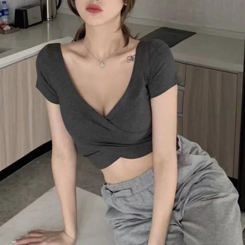 Korean Style Women's Tank Top Y2k Streetwear Solid Color Short Sleeved Crop Top Lady Summer Slim Fit Homewear Elastic Skinny Tee