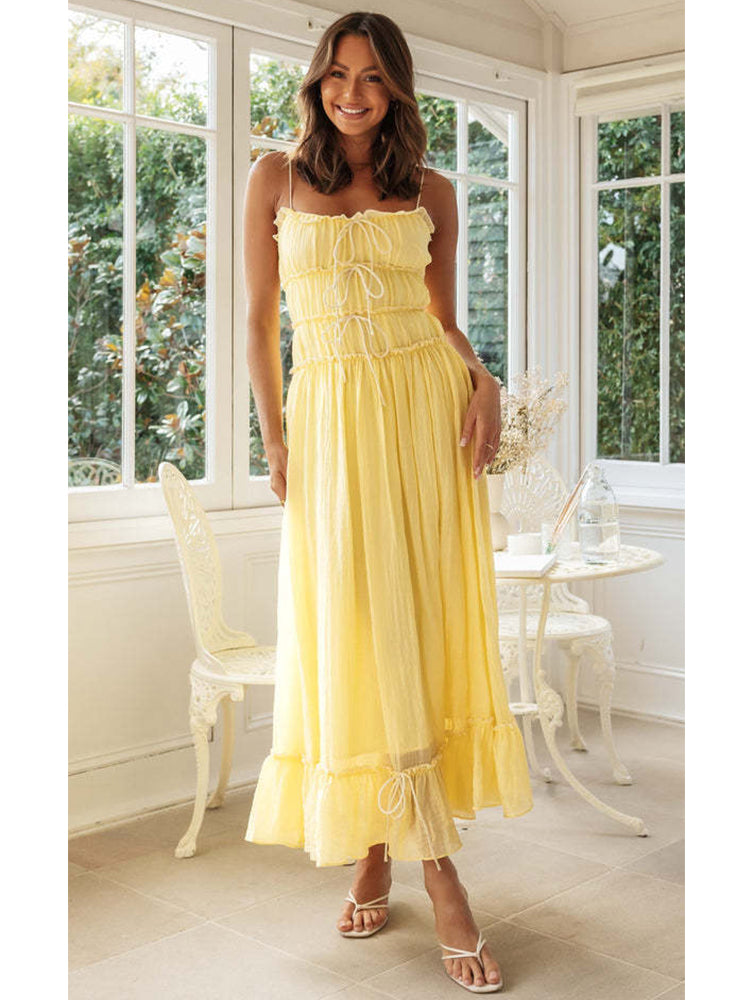 Foridol Spaghetti Strap White Sundress Flounced Edge Women's Dress Summer Beach Style Maxi Dress Bowknot Boho Vestidos 2025