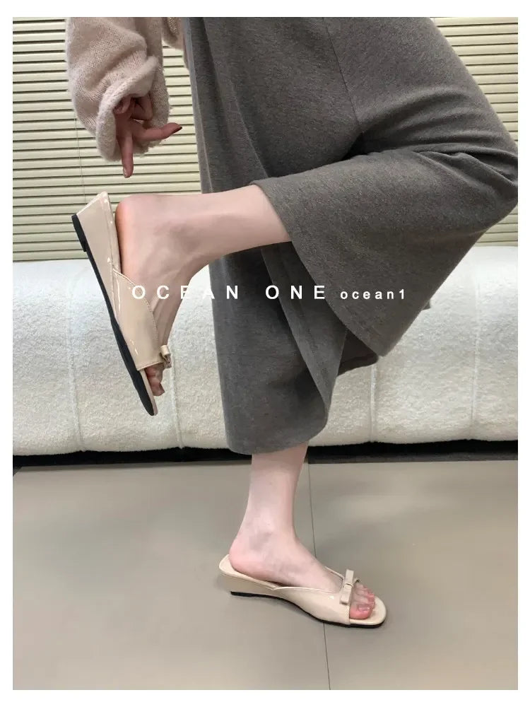 2026 New Polka Dot Wedges Heels Women Slippers Fashion Open Toe Butterfly-knot Party Dress Slide Summer Outdoor Daily Wear Shoes